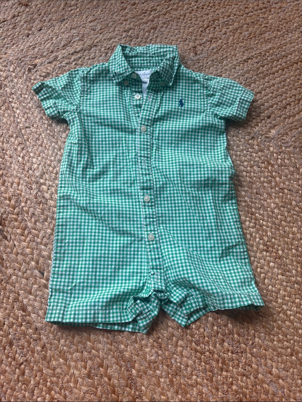 Ralph Lauren Green Gingham Short-Sleeve Romper, 6 mo